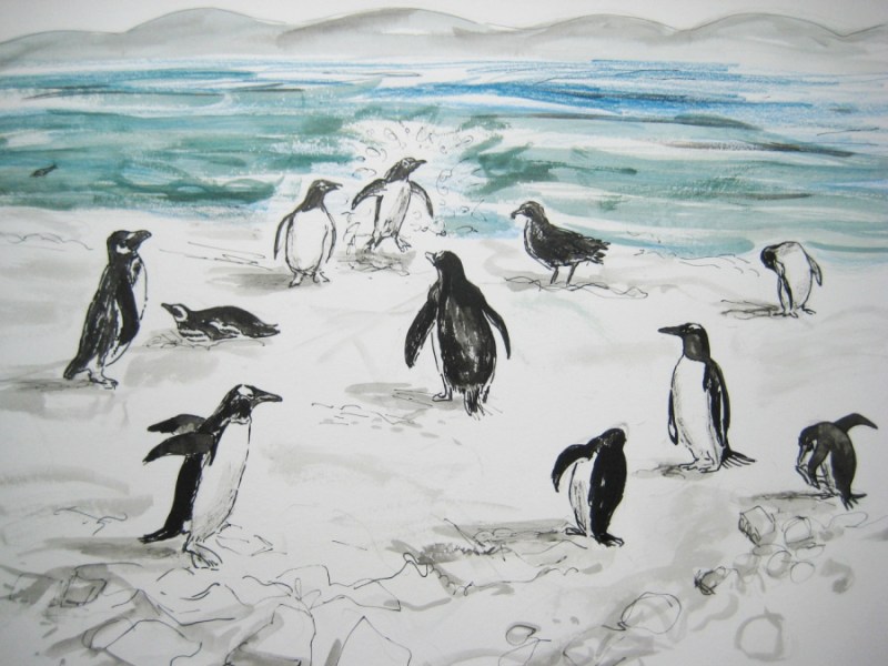 kit-price-moss-penguins-busy-on-the-beach-ink-and-watercolour-42x67cm