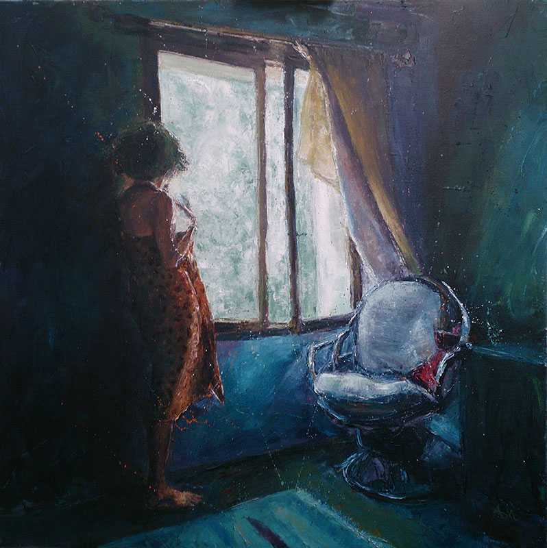 Annabel Mednick, Orange Sarong, oil on canvas, 90x90cm