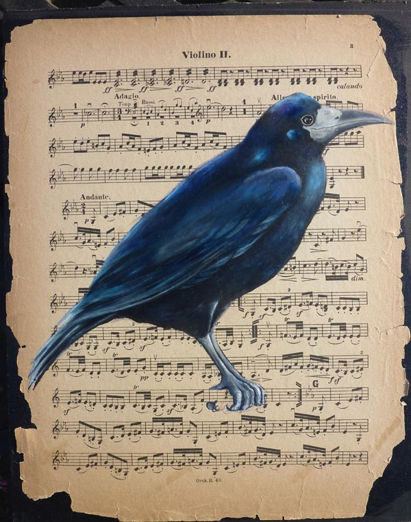 Becky Muntin, Rook, acrylic on vintage manuscript, 2015